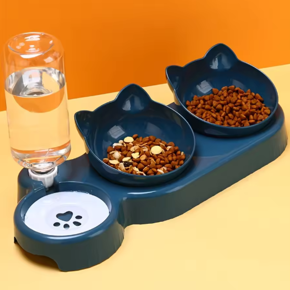 Pet Bowls With Water Feeder, 3 In 1 Ear Design Tilted Cat Water And Food Bowl Set With Gravity Water Bottle For Neck Protection